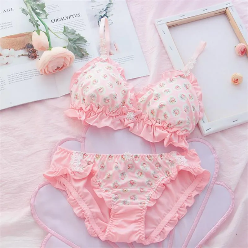 Bras Sets Push Up Wire Bra Brief Thong For Women Underwear Japanese Pink  Cute Sweet Lolita Girls Lingerie Lace And Panty Set