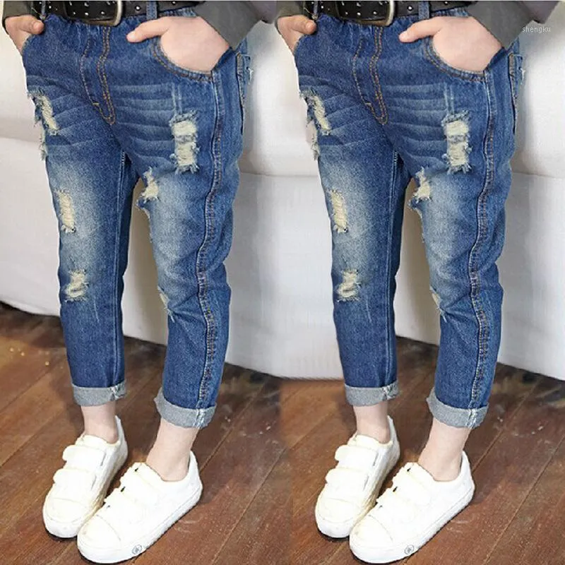 Jeans 2022 gota primavera outono meninas meninas rasgadas crianças buraco quebrado calças crianças meninos meninos elásticos cintura denim calças