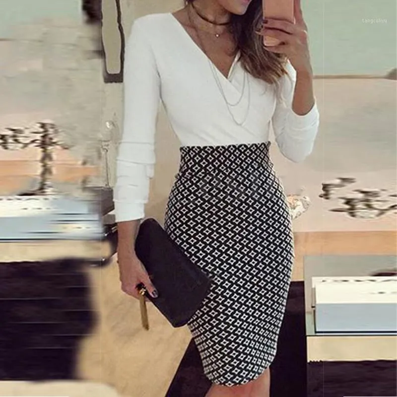 Office Lady Elegant Klänning Kvinnor Formell Business Stretch Evening Slim Pencil Dress Fashion Plaid Patchwork Party Dresses Vestido1