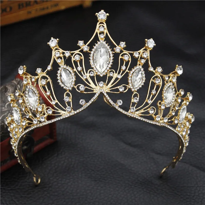 Gold Baroque Великолепный кристалл корона Bridal Tiara Queen PROM свадьба свадьба Diadem невеста повязки свадебные волосы аксессуары J0121