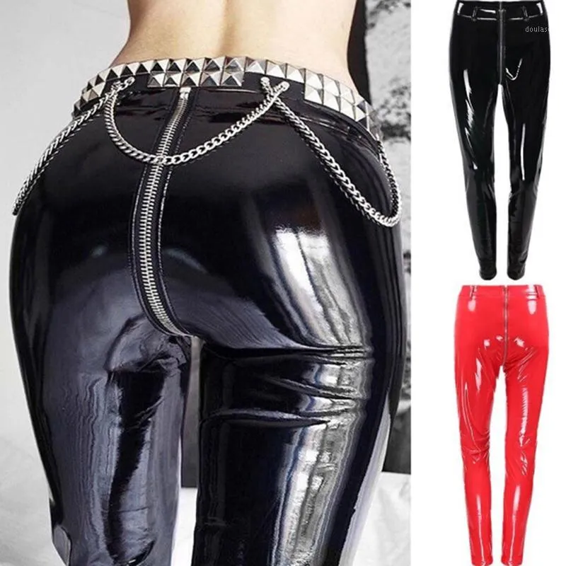 Black Red Women Sexy Shiny PU Leather Leggings With Back Zipper