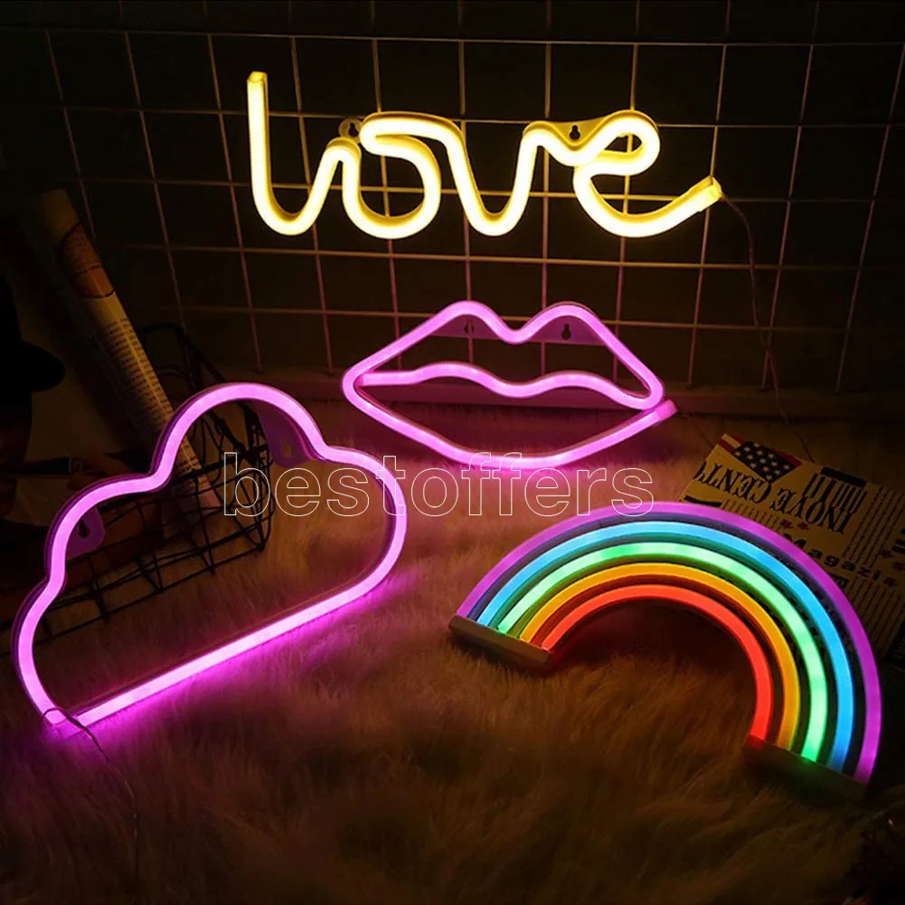 USB/Battery Powered Creative LED Neon Light Sign LOVE Cat Rainbow Lip Neon Lamp For Party Wedding Bedroom Home Decor Night Lamp 2021