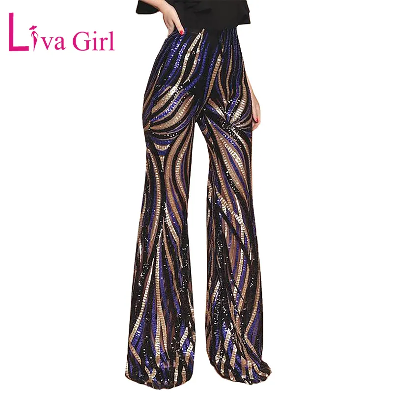Liva Girl Gorgeous Black Cobalt Cekiny Spodnie Kobiety Sexy Siatki Paski Wzór Wysoka Talia Flarowane Spodnie Kobieta Dance Long Pant T200606