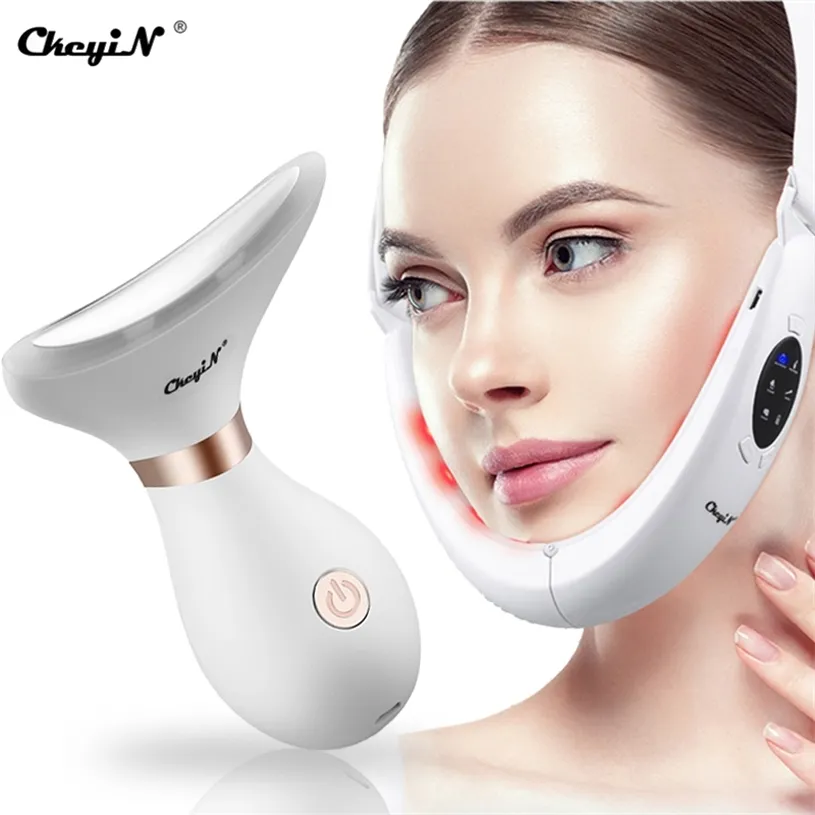 CkeyiN V Shaped Liting Device Slimming Face Tightening Machine Red Light Therapy Neck EMS Massager Removal Double Chin 211231