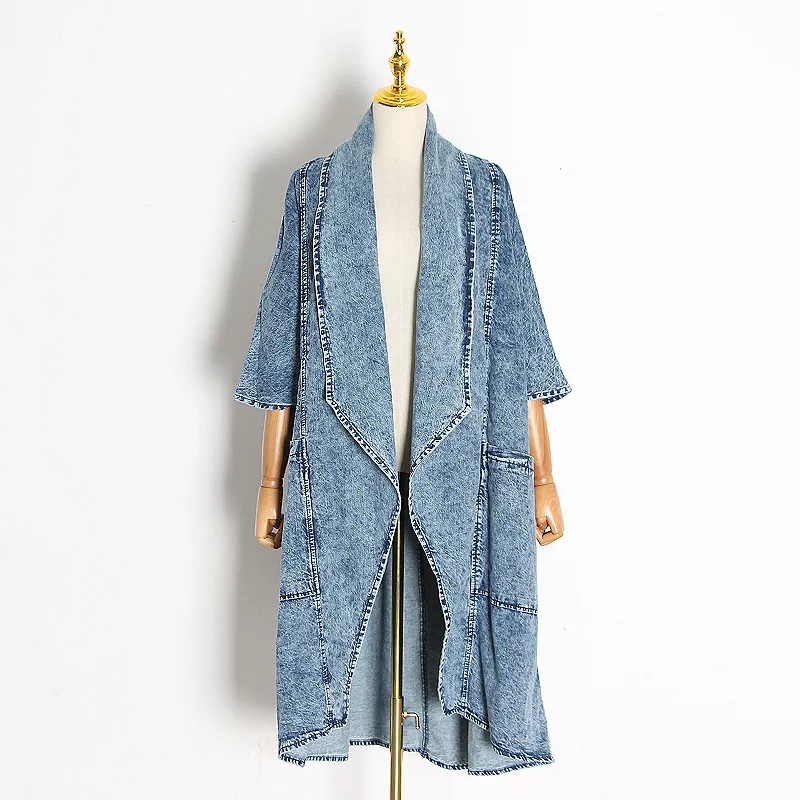 [EWQ] Odzież damska płaszcze Pływające Vintage Denim Kobiety Wiatrówka Lapel Collar Pół Rękaw High Waist Trench Coats Blue 201015