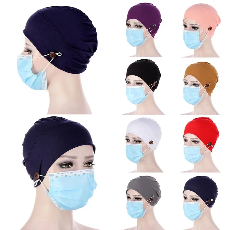 Retro Kobiety Turban Head Wrap Kapelusz Z Przyciskiem Headwear Headscarf Bonnet Wewnętrzny Hidżabów Czapka Muzułmańska Hidżab Chemo Czapki Turbantes Czapki