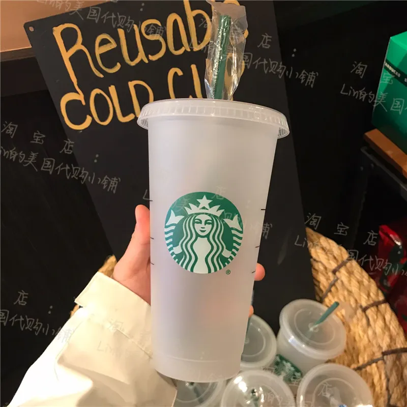 스톡 24 온스 색상 변경 텀블러 플라스틱 플라스틱 마시는 주스 컵 립과 짚 마법의 커피 잔 costom starbucks 플라스틱 컵