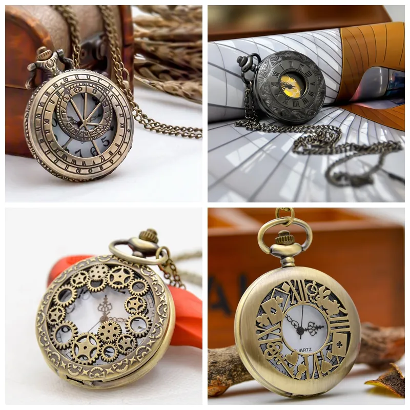 Vintage Jewelry Large 47mm Quartz Gothic Pocket Watch Necklace With Engraved Wheel 4 Styles