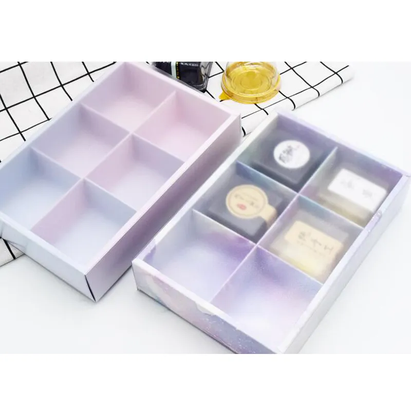 6 Grid Paper Box with Translucence Platsic Lid Cake Cheese Chocolate Packaging Boxes Wedding Party Cookies Box Gift Box