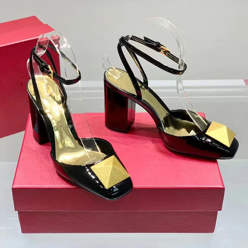 Latest fashion thick heel women`s sandals 9cm High Heel Dress Shoes Black Patent Leather Gold Buckle ankle band banquet designer factory shoe