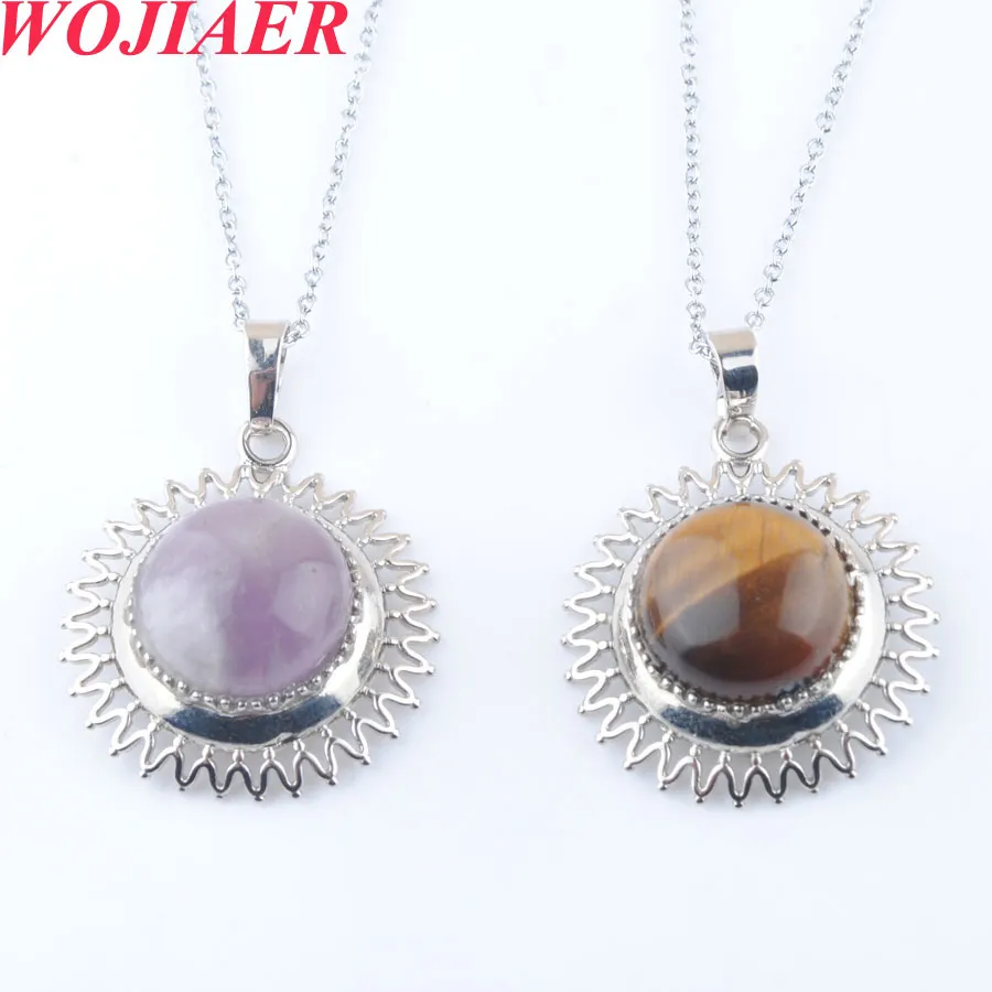 Wojiaer Sun Flower Natural Gem Stone Legering Druppel Pendant ketting Semi Round Purple Crystal Quartz Sieraden Girl BO922