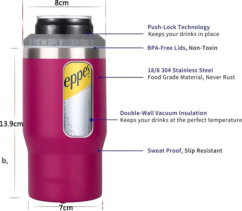 14 färger 4-i-1 kan svalare tumbler 14oz Kaffe Kopp Rostfritt stål Vakuum Kallburkshållare för 12oz ölflaskor utomhus RRE12628