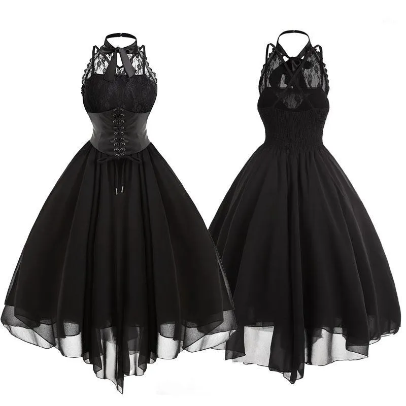 Women Vintage Gothic Bow Party Dress Lolita Girls Sleeveless Cross Back Lace Panel Corset Swing Dress Robe Vestidos Drop Ship1