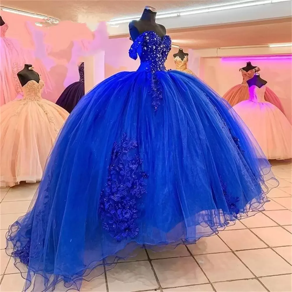 2022 الملكي الأزرق الأميرة فساتين quinceanera قبالة الكتف يزين الترتر الزهور حزب الحلو 16 ثوب vestidos دي 15 Años cg001