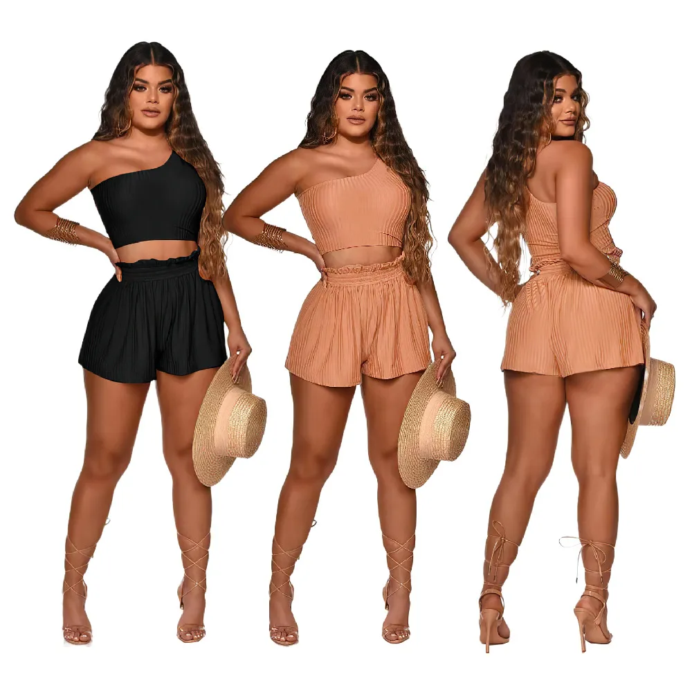 2022 Lycra Tracksuits Kvinnor Desginaler Två Piece Shorts Set Outfits 2 PC Sport bär Sexig One Shoulder Crop Tank Top Elastic Shorts Suits