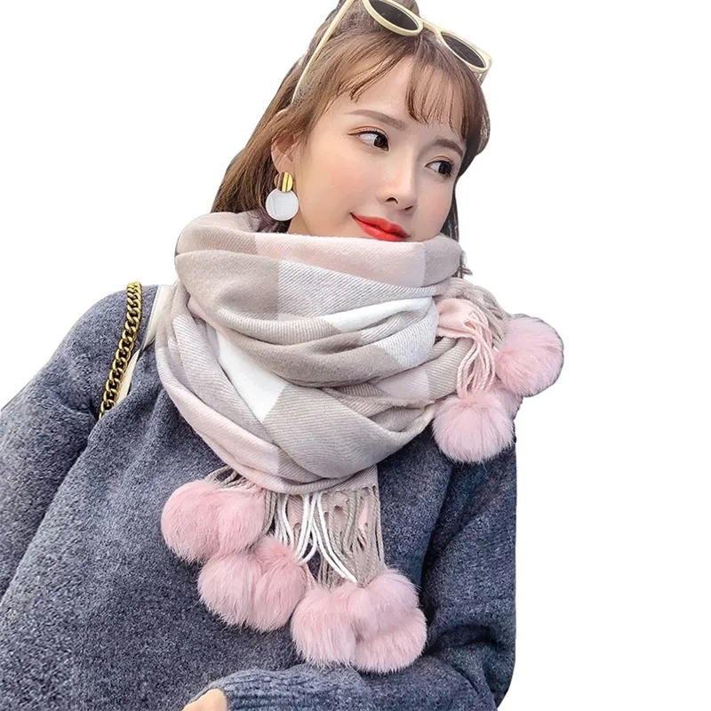 Rabbit Fur Pom Pom Stole Paszmina Cashmere Shawl Plaid wełna szalik dla kobiet miękka ciepła kobieta poncho moda szalik