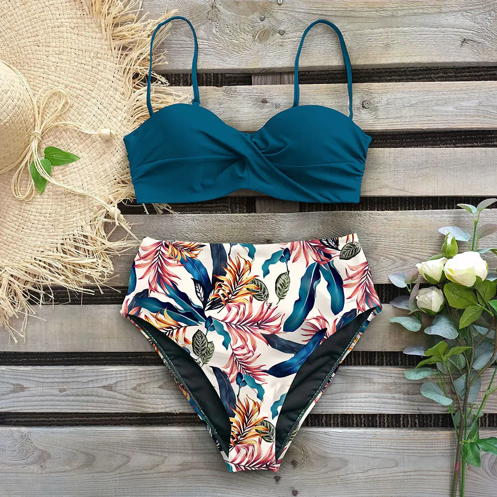 Sexig Leaf Print Bikini 2020 Kvinna Baddräkt Kvinnor Badkläder Thong Push Up Bikinis Set High Waist Swimming Passits for Bathing Suit T200708
