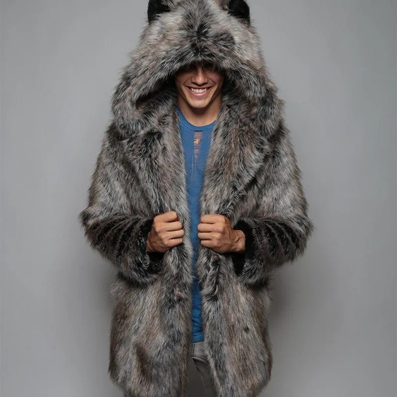 Abrigo De Piel Sintética Con Capucha Gris Para Hombres Con Capas