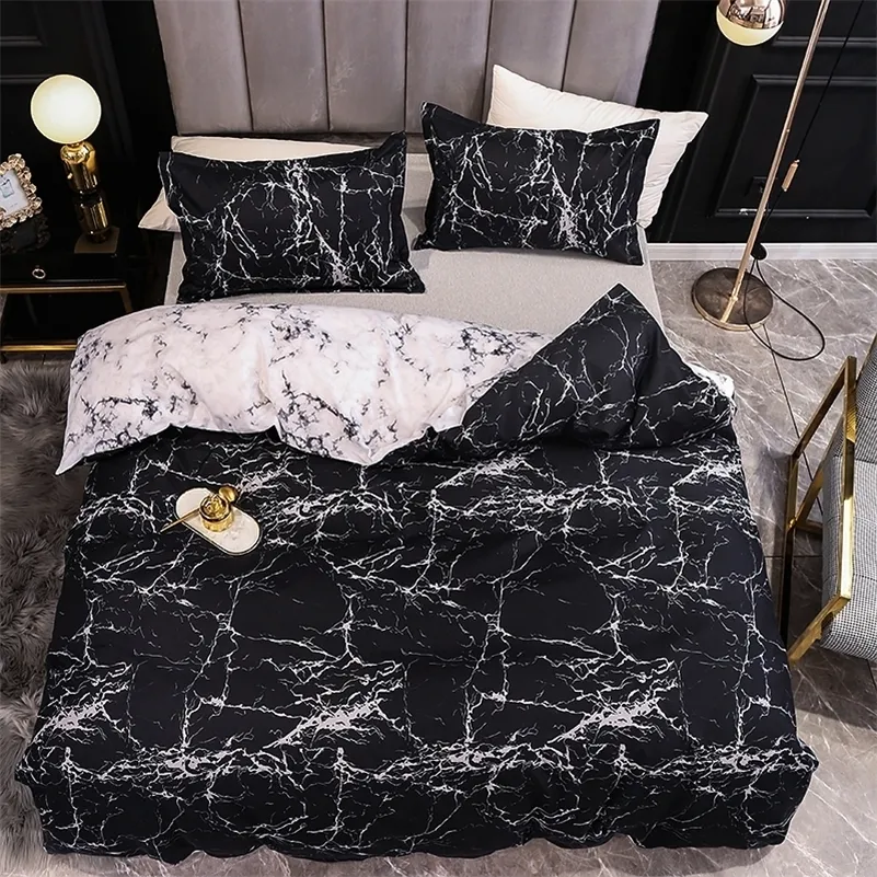 Siyah ve Beyaz Renk Yatak Örtüleri Mermer Reaktif Baskılı Nevresim Seti Ev Housse de Couster Bedding Set Kraliçe Bedclothes LJ201127