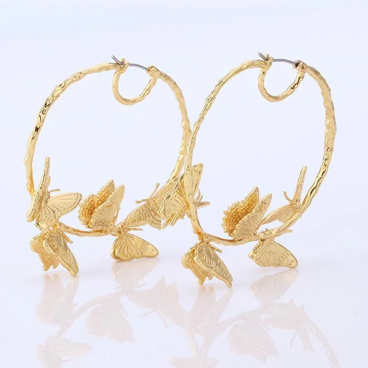 Hoop & Huggie MOFLO Gold Plating 55mm Oversized Round Circle Earrings 3D Insect Butterfly For Christmas Gift1