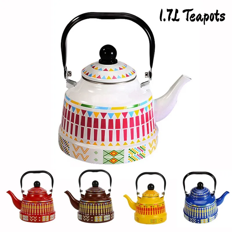 1.7L Whistling Enamel Tapot with Steel Handle Exquisite Enamelled Stovetop Kettle Traditional Bone China Teapots Luxirious Metal Jug GGD2280