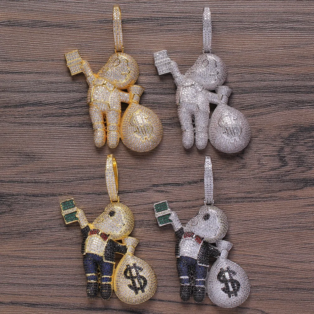 Small Size High Quality Brass CZ stones Cartoon Men Money Bag Necklace Hip hop pendant Jewelry Bling Bling Iced Out CN199 Y1220