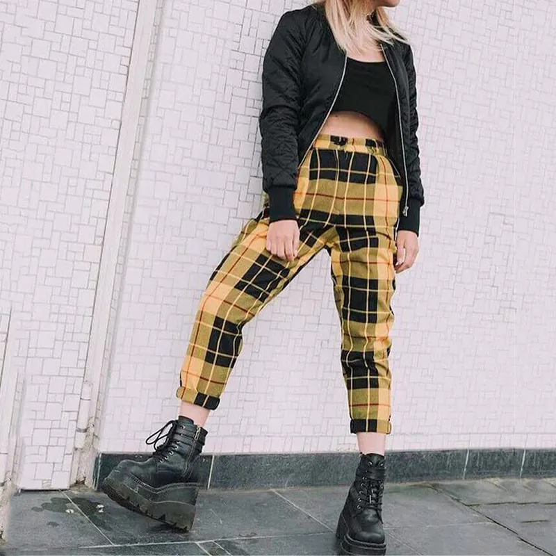 Plaid Hosen Frauen Streetwear Cool Girl Hohe Taille Hosen Harem Jogginghose Jogger Frauen Cargo Schweiß Hosen Koreanische Pantalon 201119