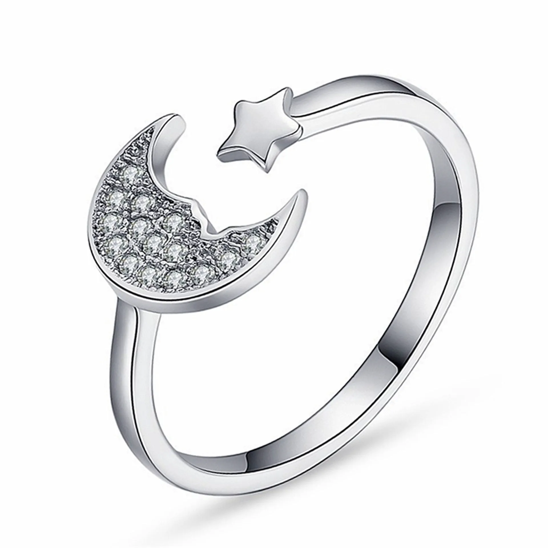Crystal Moon Star Rings Silver bague réglable ouverte cadeau de bijoux de mode volonté et sable