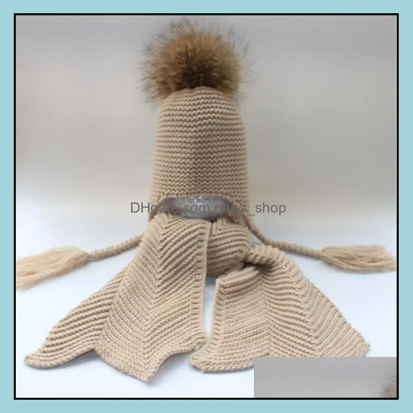 Kids knitted Scarf and Hat Set Luxury Winter Warm Crochet Hats and scarves with Real fur pom Beanie Hat for boys and girls