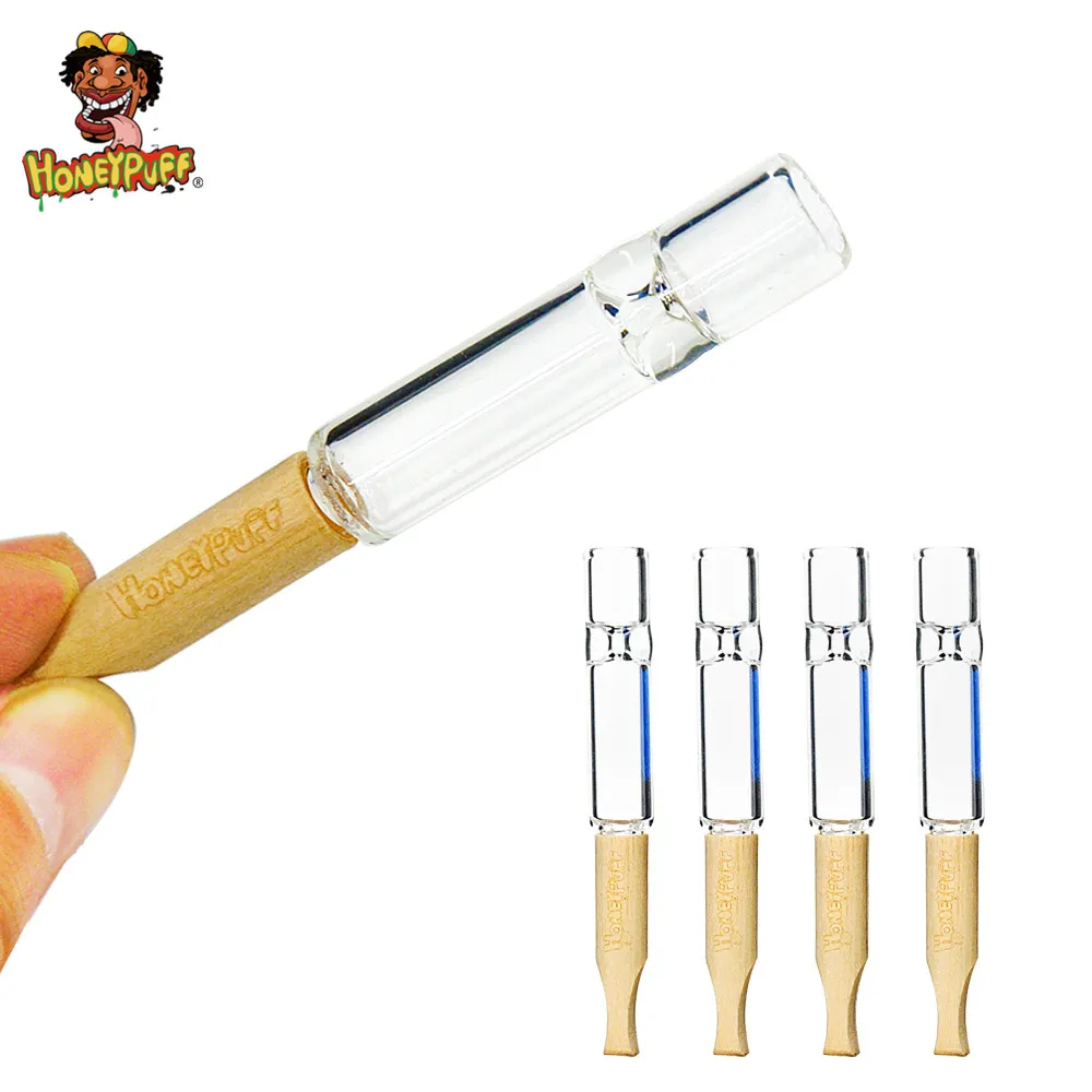 HONEYPUFF Pipa da fumo in vetro Vetro trasparente One Hitter con bocchino in legno staccabile Filtro per la bocca in legno Accessorio per fumo in pipa in vetro per tabacco