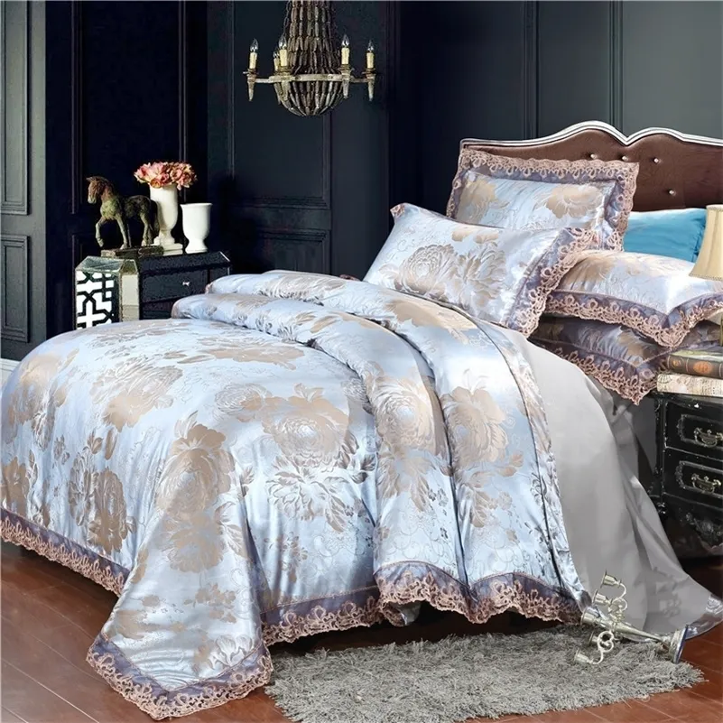 Hem Textil Silver Bedding Set Jacquard Lace Duvet Cover Set 4PCS Sängkläder European Bed Cover Luxury Golden Flat Sheet Coldop T200706