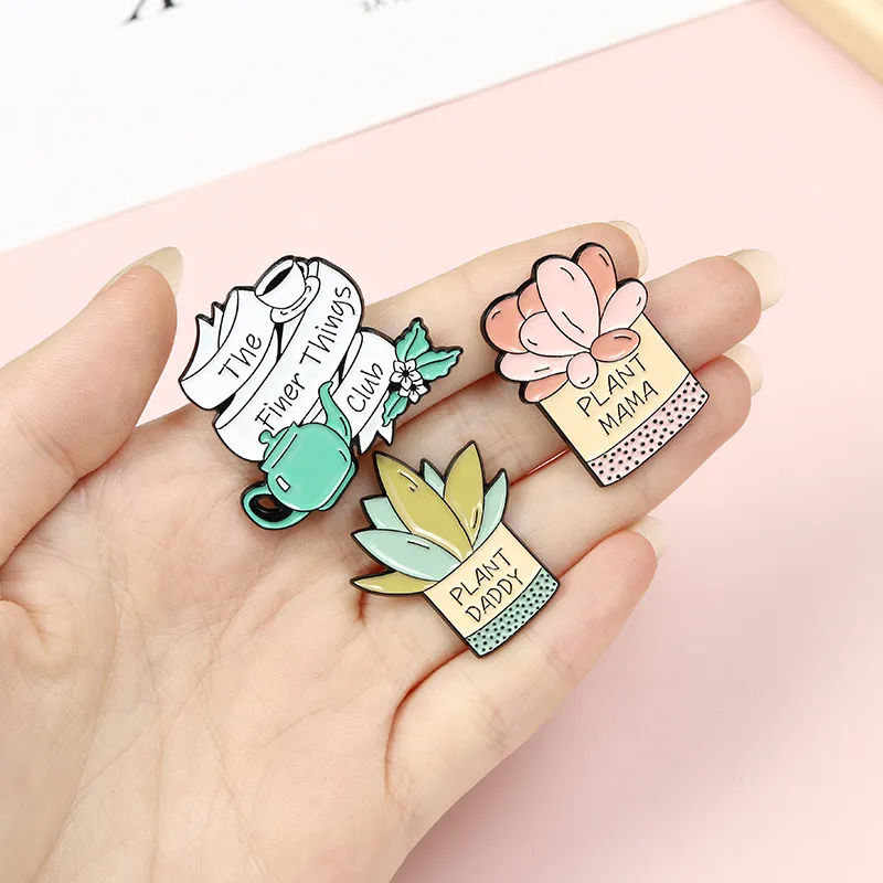 Creative Cartoon Cute Character Plants Enamel Pins Pink Green Teapot Daddy Mom Cactus Brooches Gift For Friend Lapel Pins Clothes 2333297