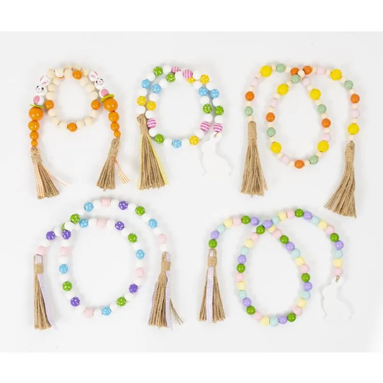 Party Favor Easter Wood Bead Garland with Tassels 5 Patterns Farmhouse Rustic Natural Wooden Beads String Spring Party Favors DH8965