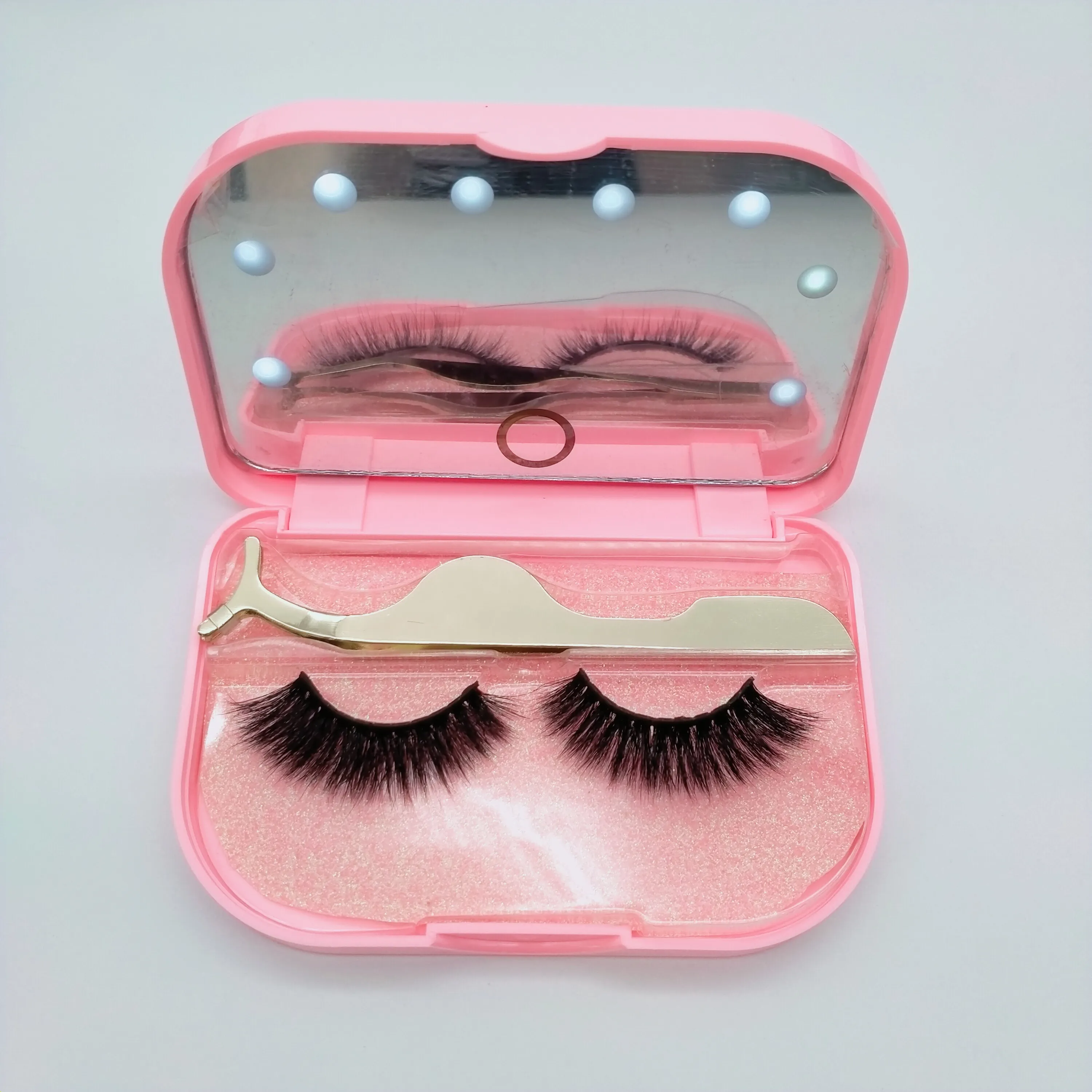 Wholesale Beauty Tools Eyelash Boxes False Eyelash Plastic Case Mirror Private Makeup Storage Lashes Packaging Box Mirrors With Led Light