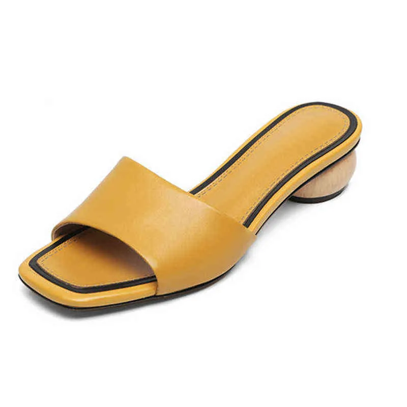 Zapatillas de cuero genuino tacones bajos extraños mujeres punta abierta verano Casual playa zapatos mujer señoras 220308