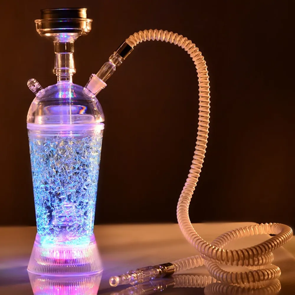 Akrylkah Shisha Set med färgglada LED Light Base Glas Rökning Vattenrör Portable Narguil Cup Kit med slang Rostfritt kolskål