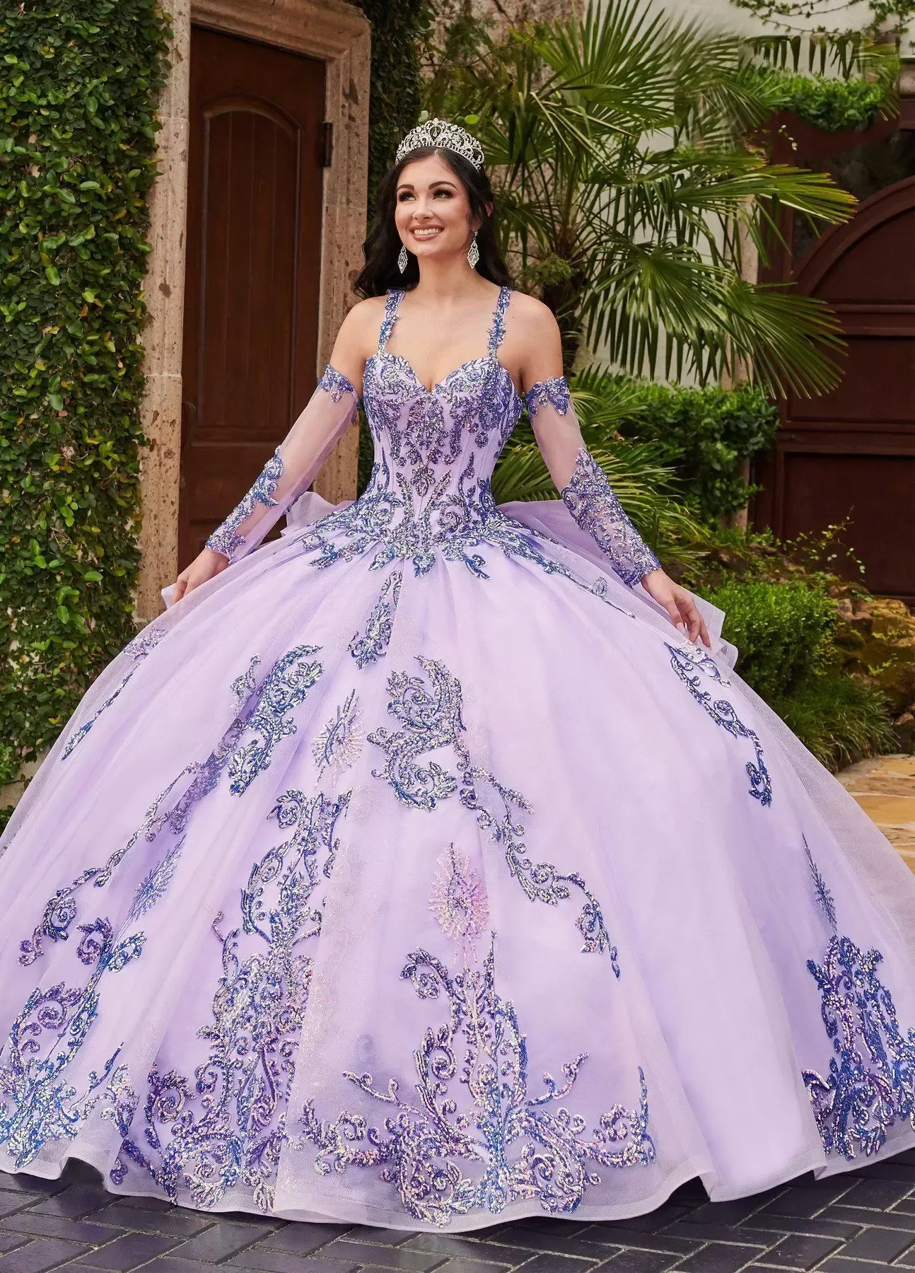 2022 Sparkle Sequin Lavender Quinceanera Dresses Ball Gowns Dual Straps With Detachable Sleeves Plus Size Formal Prom Evening Gown For Sweet 15 Girl CG001