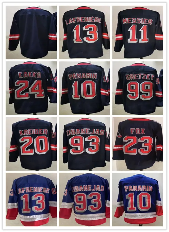 Обратный ретро хоккей Mika Zibanejad Джерси 13 Алексис Lafreniere 10 Artemi Panarin Jersey 20 Крис Креййдер Адам Фокс 24 Капо Какко Уэйн Гретский Мессер Синий Флот