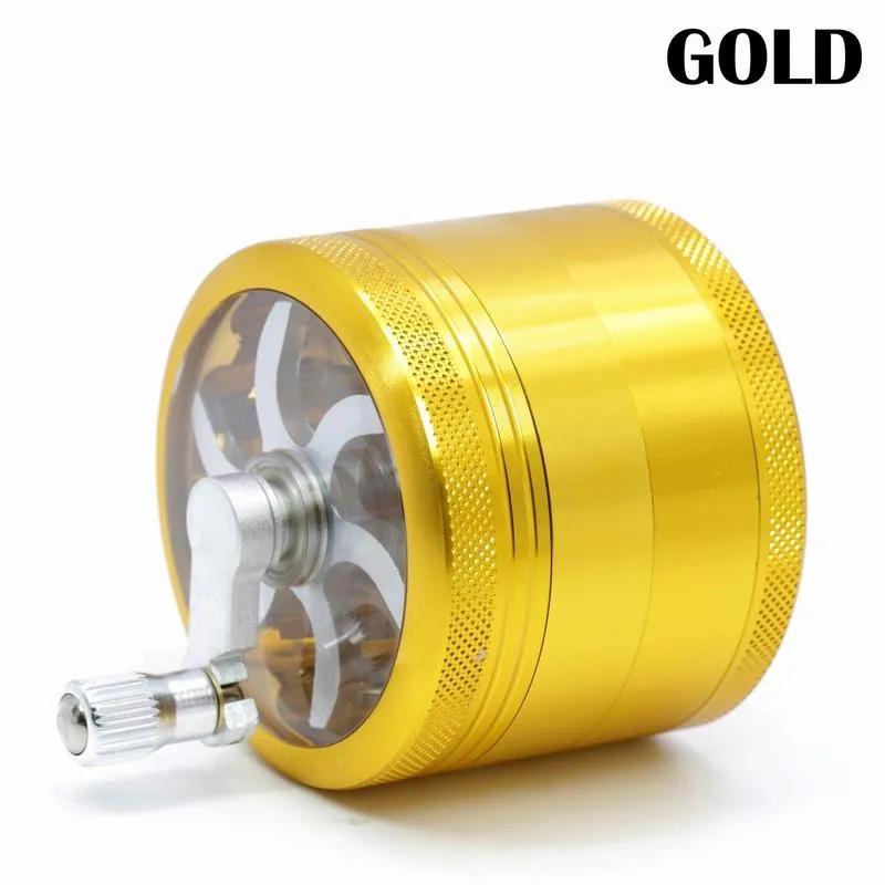 Hot Sell Tobacco Grinders 4 Lager Aluminium med handtag Multi Färger Högkvalitativ 2,5 tum Transparent Bottom Cover Herb Grinder