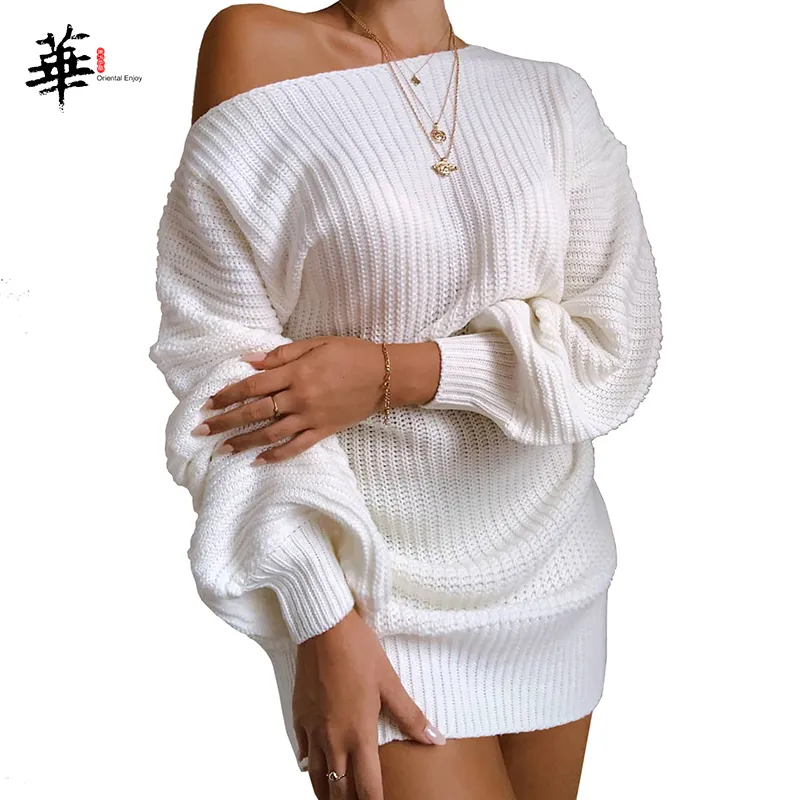 Abito maglione lavorato a maglia Abito manica lunga bianco Autunno inverno Abbigliamento donna Lanterna Donna Sexy Mini 201029