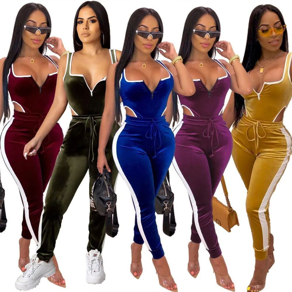 Vrouwen set Fluwelen bodysuit potlood broek pak tweedelige set Sexy mouwloze Street casual mode trainingspak outfit Y0426