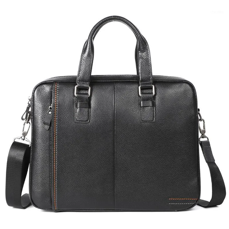 Nesitu High Quality A4 Black Blue Coffee äkta Leather Office Men Portfölj Portfölj Business Shoulder Messenger Väskor M2556051