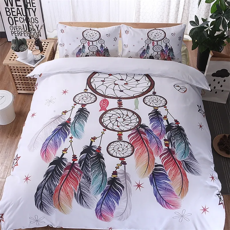 3D Dreamcatcher 깃털 인쇄 침구 세트 보헤미안 골드 문 스타 Duvet 커버 세트 불의 머리 경적 침구 pillowcase 201021