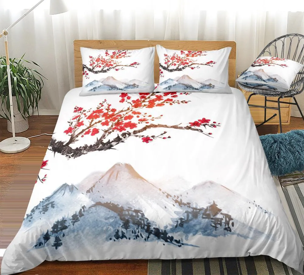 Flor Duvet Cobertura Conjunto de Cerejeira Flores De Cereja Set Monte Fuji Bed Roupa Meninos Menina Home Têxtil Bedclothe Peacocks Cama Set 20127