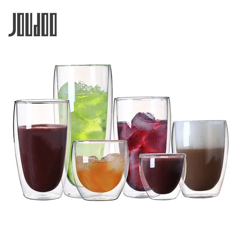 JOUDOO 2/4/6/8 Stück hitzebeständige doppelwandige Glasbecher 80/250/350/450 ml Bier Kaffee Wasserbecher transparente Tasse Großhandel 35 201029