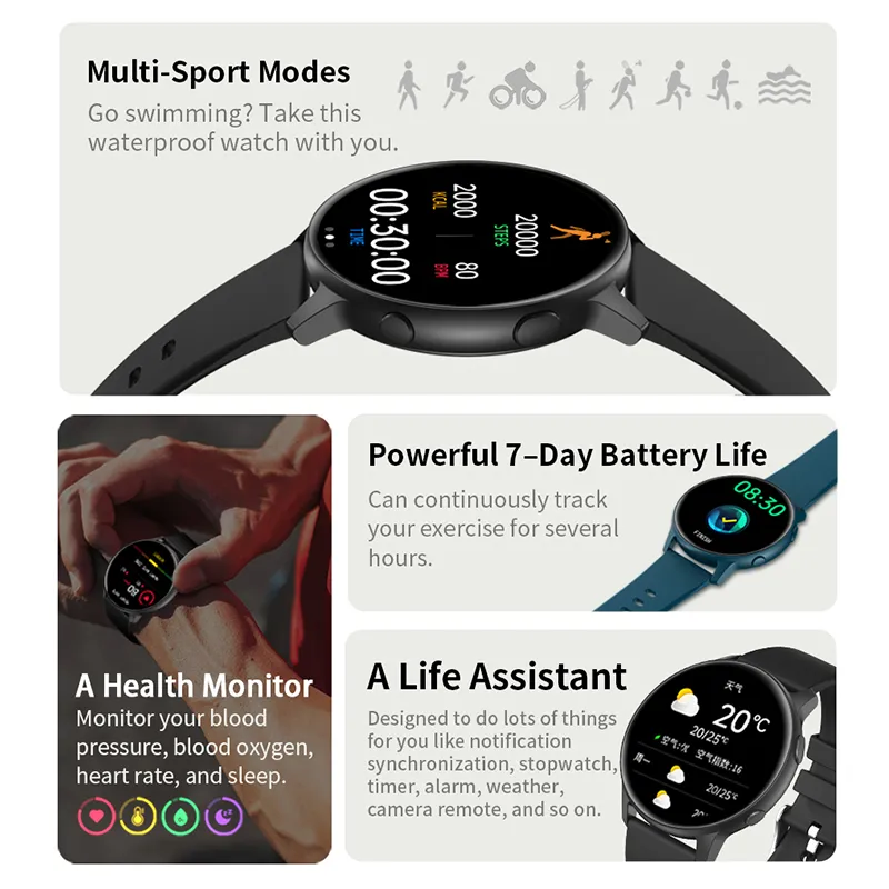 2022 MX1 Herr Smart Watch Full Touch Screen Dam Klockor IP68 Vattentät Smartwatch Pulsmätare PK ZL02