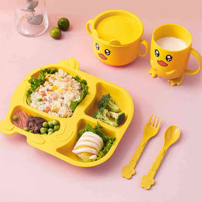 Imebaby children's tableware five-piece baby feeding plate set cute little yellow duck fork spoon rice spoon kid gift G1221