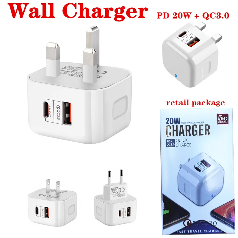 2 in 1 PD + QC 벽 충전기 20W USB 유형 C 충전기 아이폰 12 빠른 충전 3.0 QC PD USB-C 빠른 충전식 벽 충전기