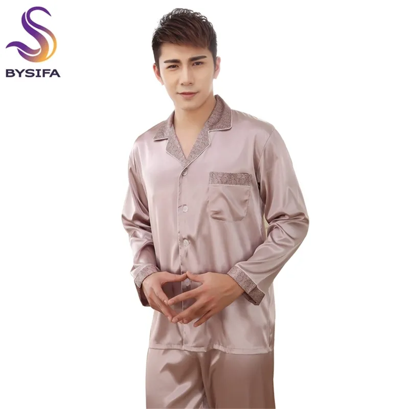 [BYSIFA] Gris Hommes Pyjamas En Soie Ensemble De Mode Style Moderne Homme Vêtements De Maison Sommeil Salon Plaid De Nuit Deux-set Chemise De Nuit 201109