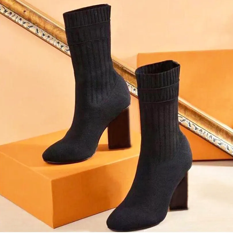 осенние зимние носки сапоги на каблуке модные сексуальные вязаные эластичные сапоги дизайнер Алфавит женская обувь леди Письмо Толстые высокие каблуки Большой размер 35-42 us5-us11 есть коробка